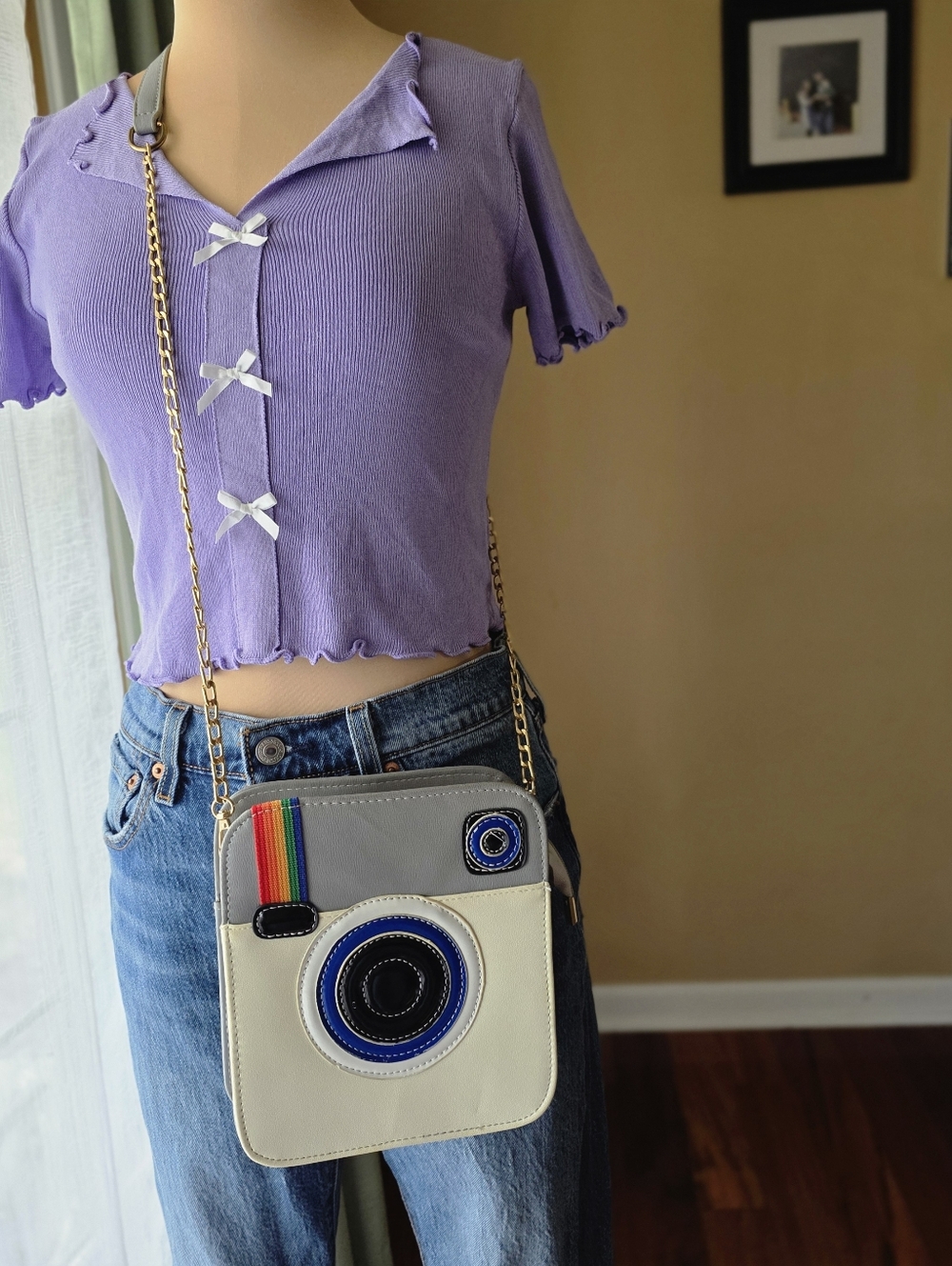 Cute Polaroid Camera Crossbody Purse w/ Gold Tone & Leather Strap - Picture 2 of 5